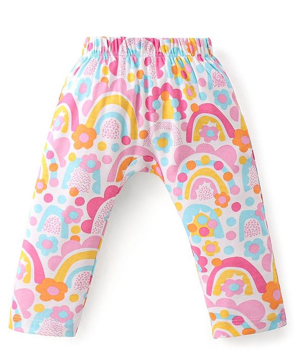 Babyhug Interlock Cotton Knit Full Length Diaper Leggings Solid Dot Floral Print Pack Of 3- Pink Purple & White