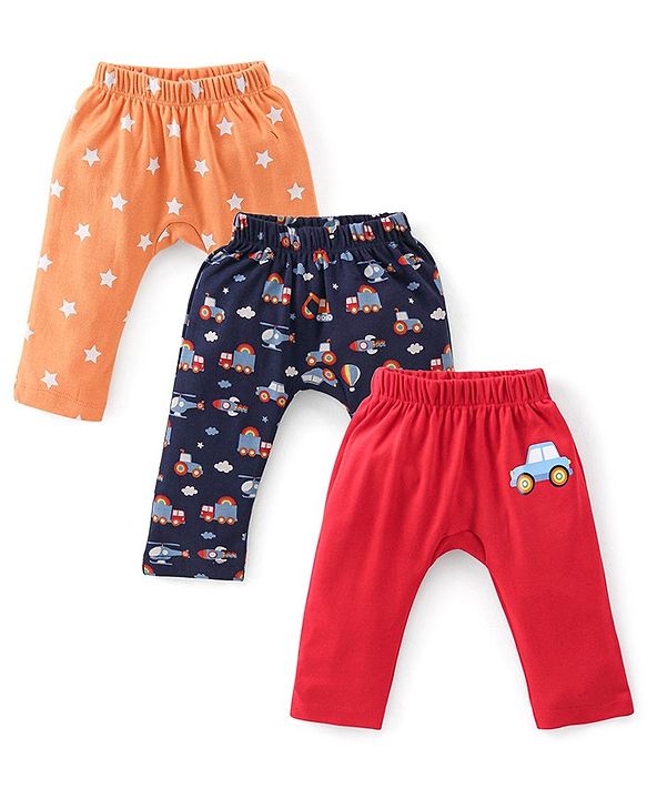 Babyhug Cotton Knit Full Length Diaper Pants Car Print Pack of 3 -Multicolour