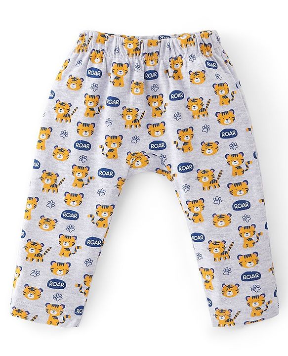 Babyhug Interlock Full Length Diaper Pants Tiger Printed & Striped Pack of 3 - Yellow & Blue