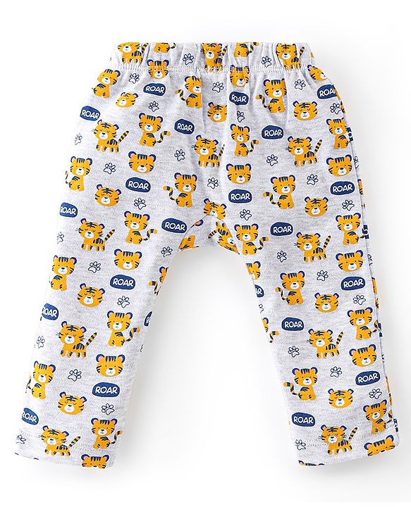 Babyhug Interlock Full Length Diaper Pants Tiger Printed & Striped Pack of 3 - Yellow & Blue