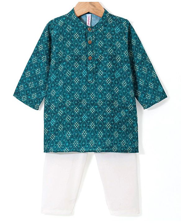 Babyhug 100% Cotton Woven Full Sleeves Polka Dot  Printed Kurta Pyjama Set - Teal Blue