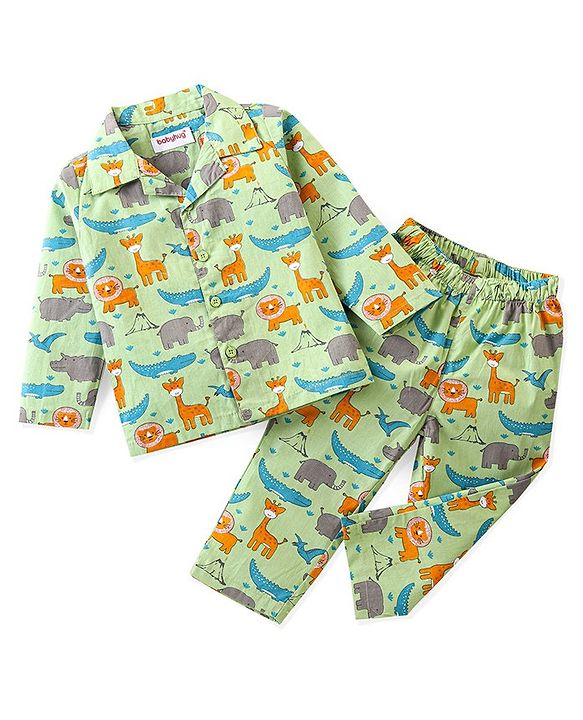 Babyhug Cotton Knit Full Sleeves Lion Printed Night Suit - Green