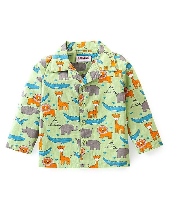 Babyhug Cotton Knit Full Sleeves Lion Printed Night Suit - Green