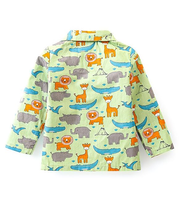 Babyhug Cotton Knit Full Sleeves Lion Printed Night Suit - Green