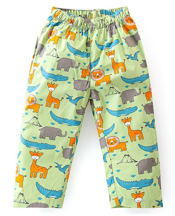 Babyhug Cotton Knit Full Sleeves Lion Printed Night Suit - Green