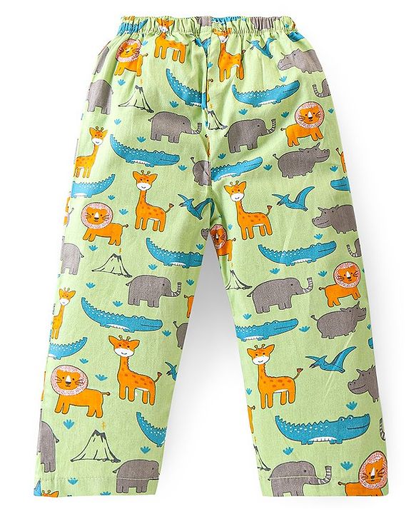Babyhug Cotton Knit Full Sleeves Lion Printed Night Suit - Green