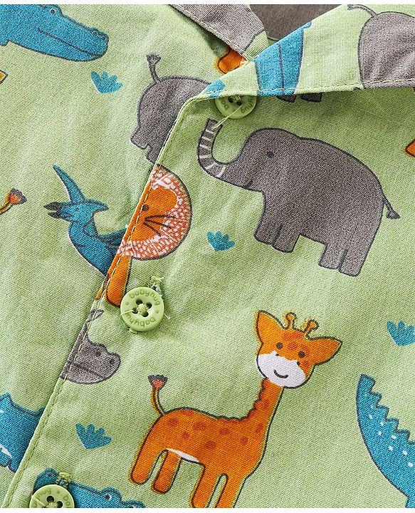 Babyhug Cotton Knit Full Sleeves Lion Printed Night Suit - Green