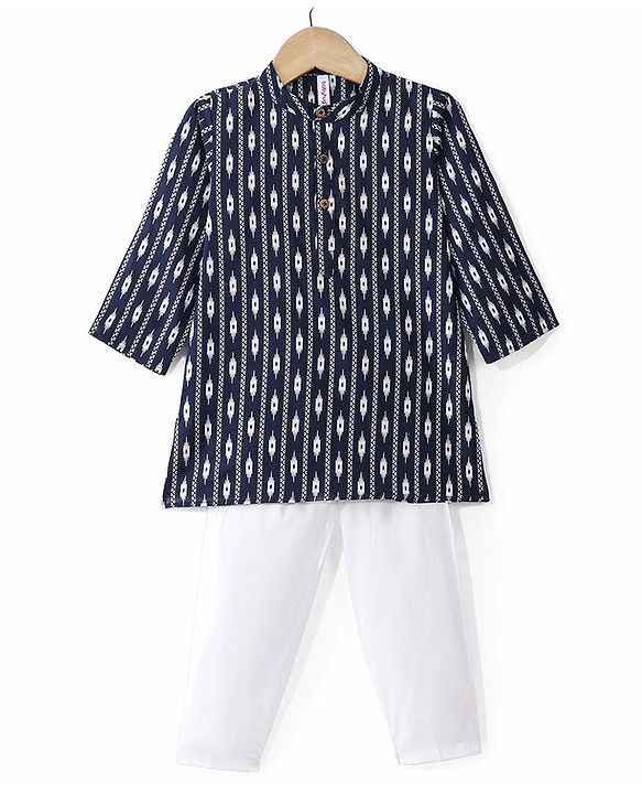 Babyhug Cotton Woven Full Sleeves Printed Kurta Pyjama Set -Navy Blue