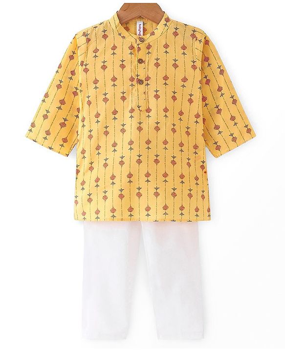 Babyhug 100% Cotton Full Sleeves Kurta & Pyjama Set With Ikat Print - Yellow & White