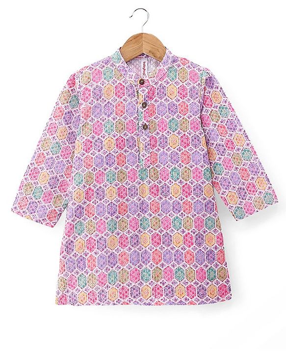 Babyhug Cotton Woven Full Sleeves Kurta & Pyjama Set With Ikat Print - Pink & Purple