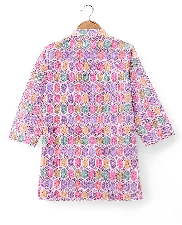 Babyhug Cotton Woven Full Sleeves Kurta & Pyjama Set With Ikat Print - Pink & Purple