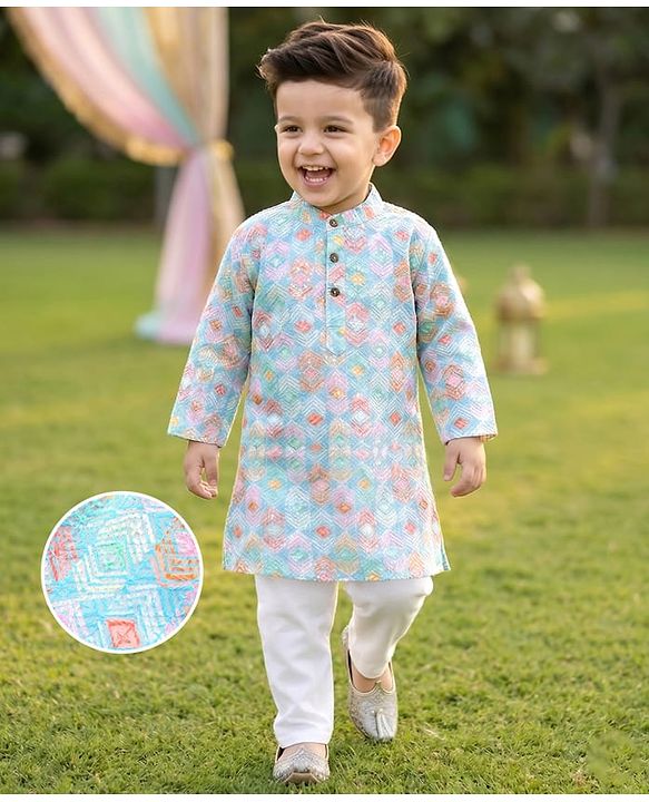 Babyhug Cotton Woven Full Sleeves Kurta & Pyjama Set With Ikat Print & Embroidery - Blue & White