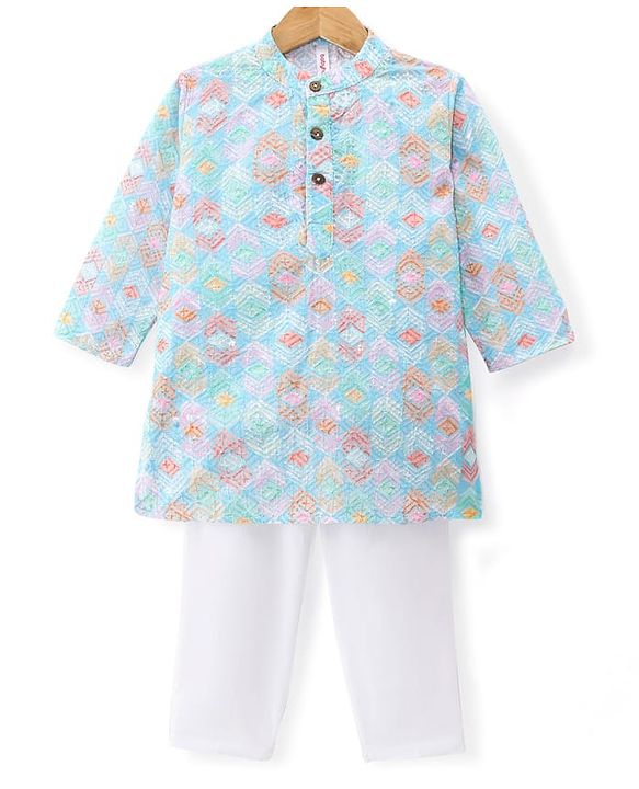 Babyhug Cotton Woven Full Sleeves Kurta & Pyjama Set With Ikat Print & Embroidery - Blue & White