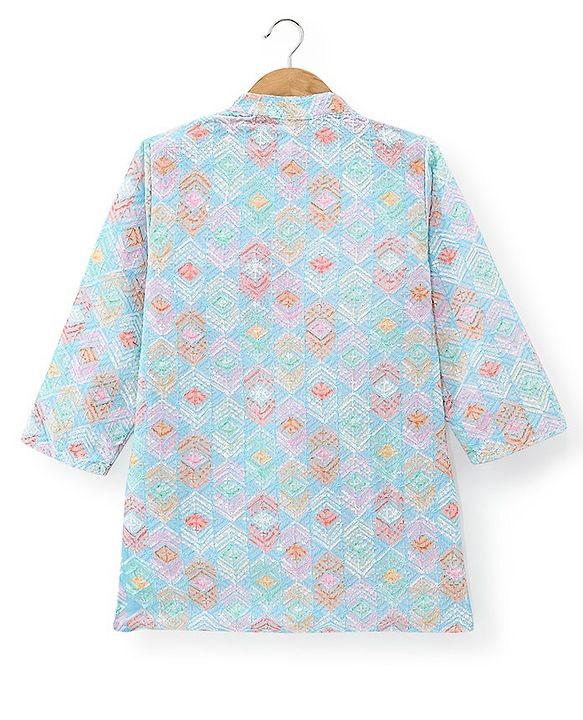 Babyhug Cotton Woven Full Sleeves Kurta & Pyjama Set With Ikat Print & Embroidery - Blue & White