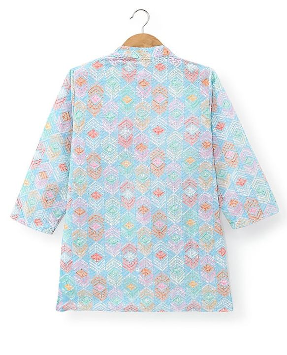 Babyhug Cotton Woven Full Sleeves Kurta & Pyjama Set With Ikat Print & Embroidery - Blue & White