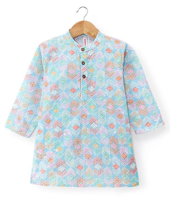 Babyhug Cotton Woven Full Sleeves Kurta & Pyjama Set With Ikat Print & Embroidery - Blue & White