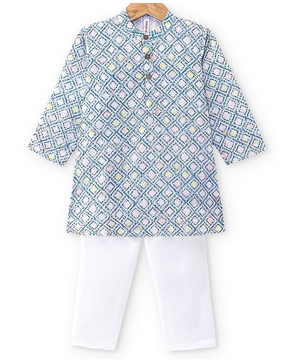 Babyhug 100% Cotton Full Sleeves Kurta & Pyjama Set With Ikat Print & Embroidery - Blue & White