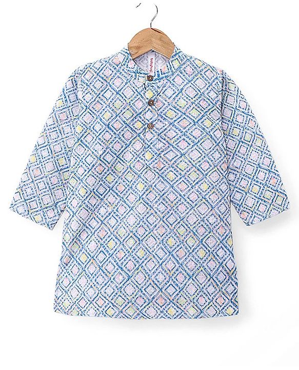 Babyhug 100% Cotton Full Sleeves Kurta & Pyjama Set With Ikat Print & Embroidery - Blue & White