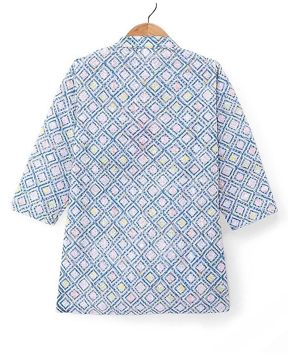 Babyhug 100% Cotton Full Sleeves Kurta & Pyjama Set With Ikat Print & Embroidery - Blue & White