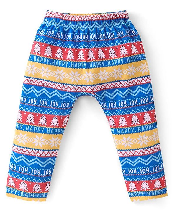 Babyhug Cotton Full Length Diaper Leggings Striped & Intarsia Print Pack of 3 - Blue & Red