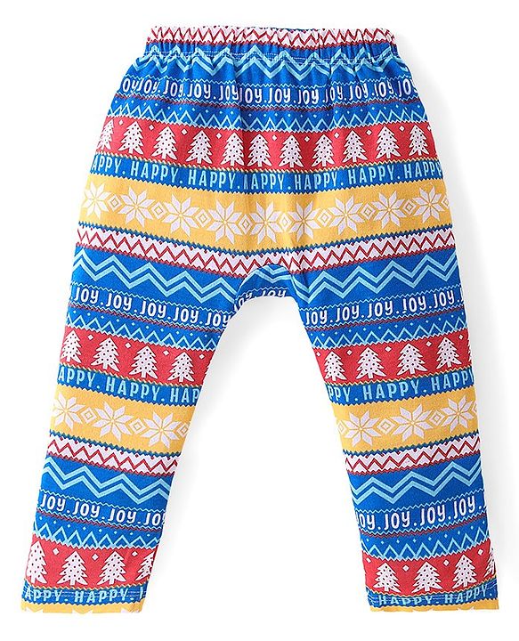 Babyhug Cotton Full Length Diaper Leggings Striped & Intarsia Print Pack of 3 - Blue & Red