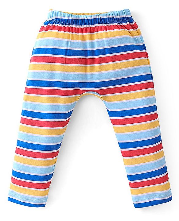 Babyhug Cotton Full Length Diaper Leggings Striped & Intarsia Print Pack of 3 - Blue & Red