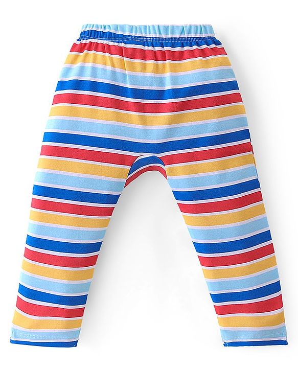 Babyhug Cotton Full Length Diaper Leggings Striped & Intarsia Print Pack of 3 - Blue & Red