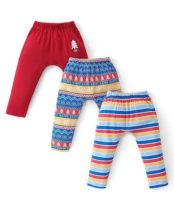Babyhug Cotton Full Length Diaper Leggings Striped & Intarsia Print Pack of 3 - Blue & Red