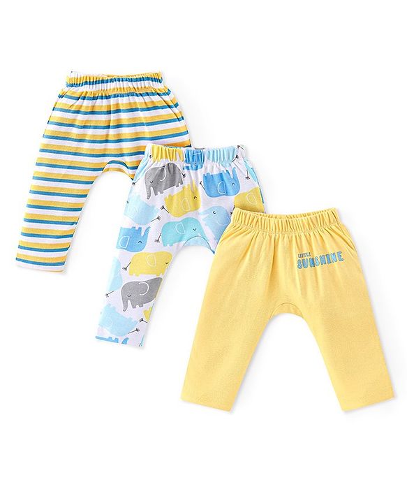 Babyhug Interlock Knit Full Length Diaper Pants Stripes & Elephant Print Pack of 3 - Yellow & Blue