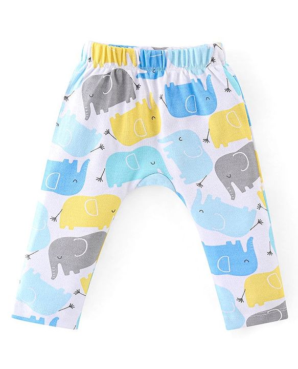 Babyhug Interlock Knit Full Length Diaper Pants Stripes & Elephant Print Pack of 3 - Yellow & Blue