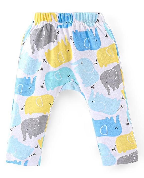 Babyhug Interlock Knit Full Length Diaper Pants Stripes & Elephant Print Pack of 3 - Yellow & Blue