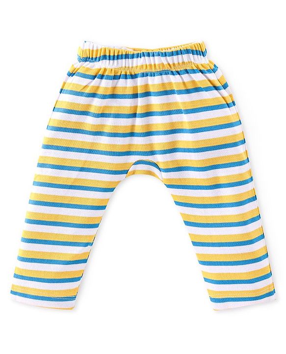 Babyhug Interlock Knit Full Length Diaper Pants Stripes & Elephant Print Pack of 3 - Yellow & Blue
