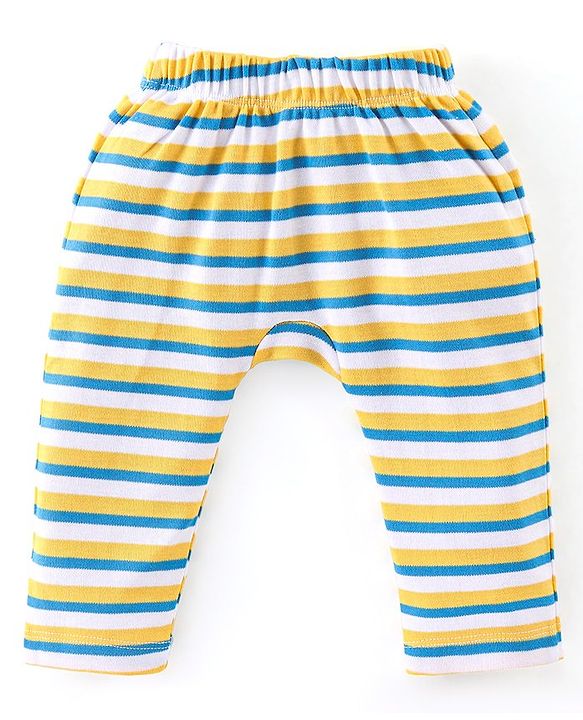 Babyhug Interlock Knit Full Length Diaper Pants Stripes & Elephant Print Pack of 3 - Yellow & Blue