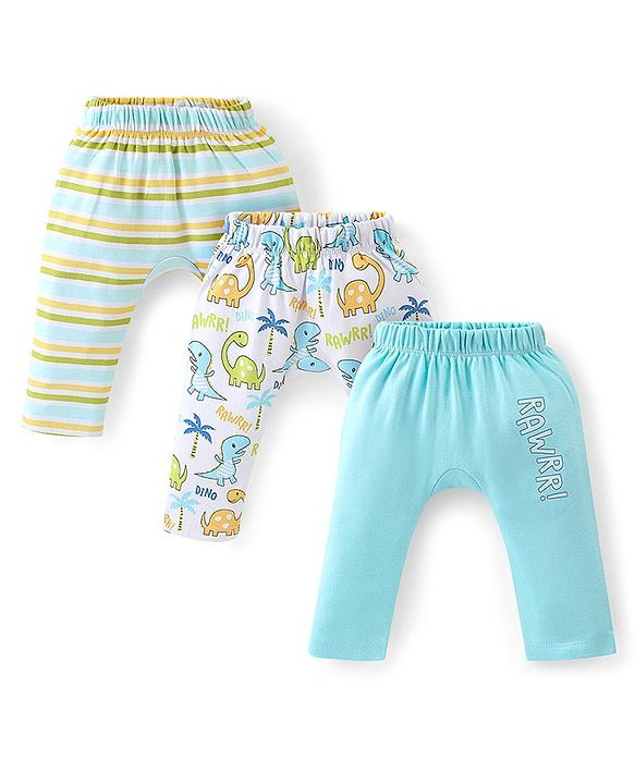 Babyhug Interlock Cotton Knit Full Length Diaper Pants Stripes & Dino Print Pack of 3 - Multicolor