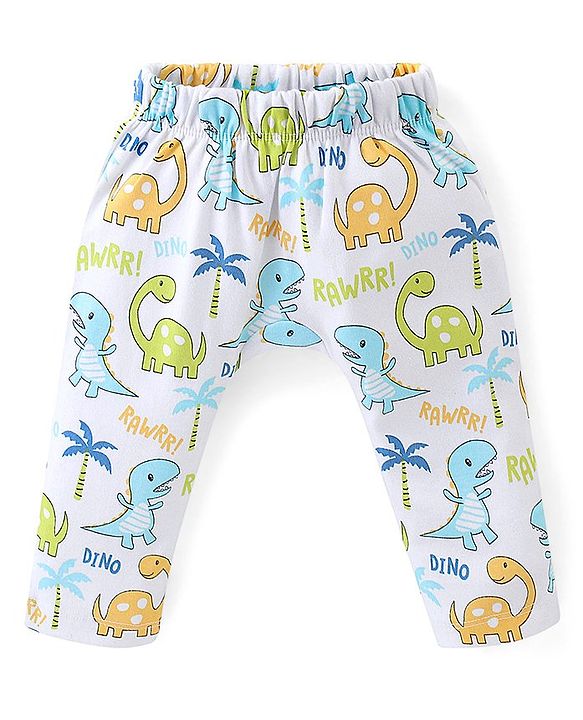Babyhug Interlock Cotton Knit Full Length Diaper Pants Stripes & Dino Print Pack of 3 - Multicolor