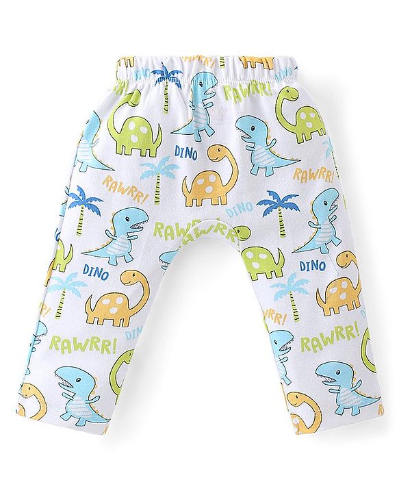 Babyhug Interlock Cotton Knit Full Length Diaper Pants Stripes & Dino Print Pack of 3 - Multicolor