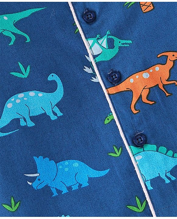 Babyhug Cotton Woven Full Sleeves Night Suit With Dino Print - Blue