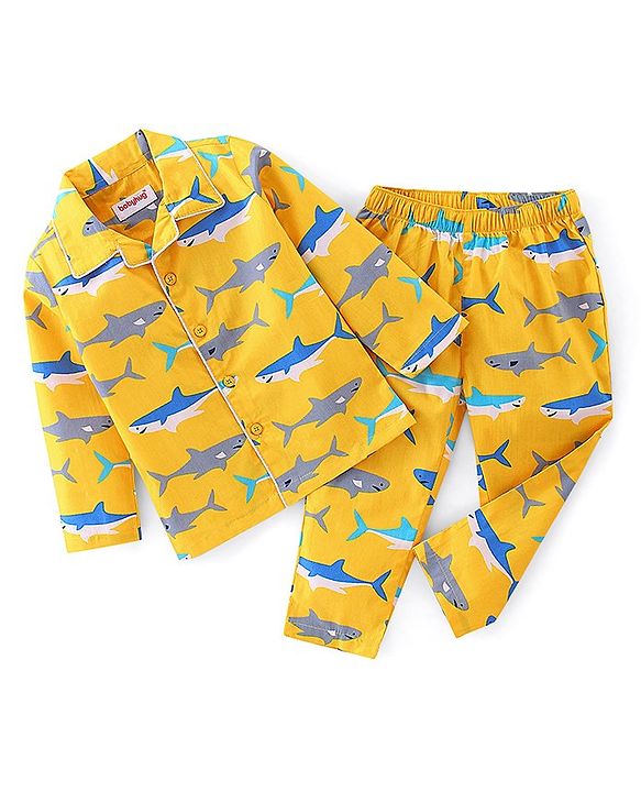 Babyhug Cotton Woven Full Sleeves Night Suit With Sharks Print - Yellow