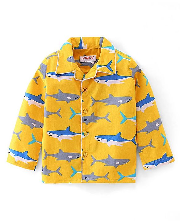 Babyhug Cotton Woven Full Sleeves Night Suit With Sharks Print - Yellow