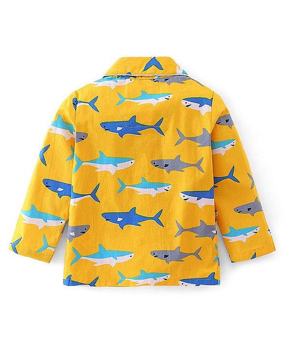 Babyhug Cotton Woven Full Sleeves Night Suit With Sharks Print - Yellow