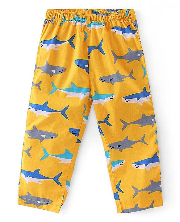 Babyhug Cotton Woven Full Sleeves Night Suit With Sharks Print - Yellow