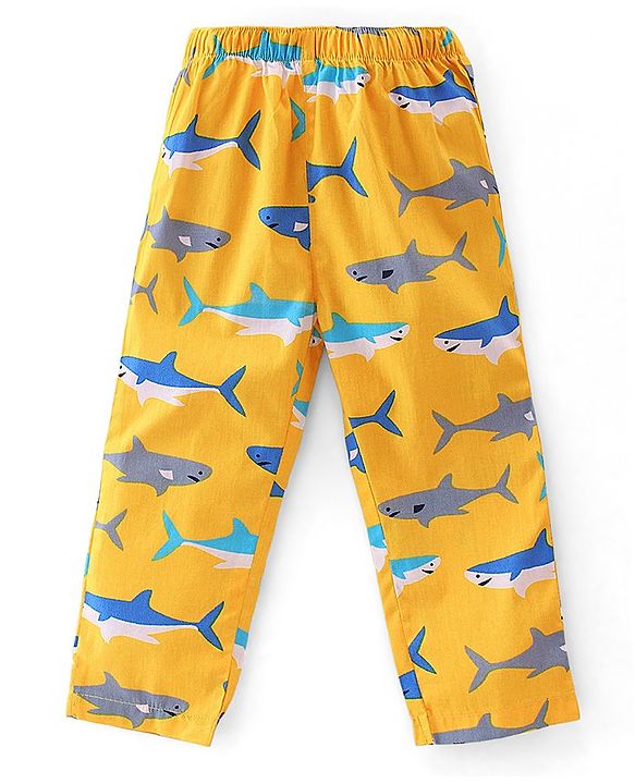 Babyhug Cotton Woven Full Sleeves Night Suit With Sharks Print - Yellow