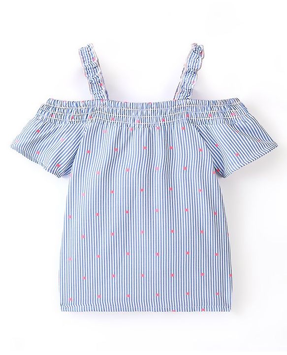 Babyhug Cotton Woven Yarn Dyed Dobby Off Shoulder Sleeve Striped Singlet Top - Blue