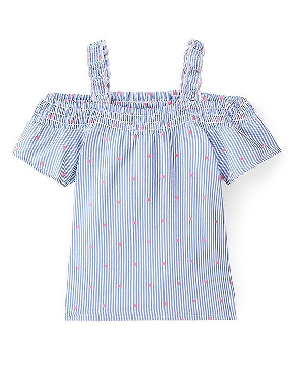 Babyhug Cotton Woven Yarn Dyed Dobby Off Shoulder Sleeve Striped Singlet Top - Blue