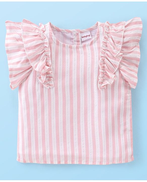 Babyhug Cotton Woven Lurex Sleeveless Striped Top with Frill Detailing - Peach & White
