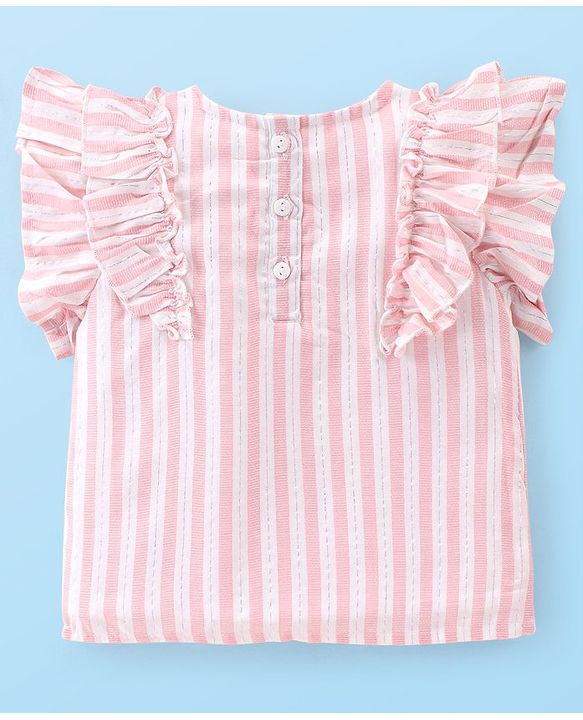 Babyhug Cotton Woven Lurex Sleeveless Striped Top with Frill Detailing - Peach & White