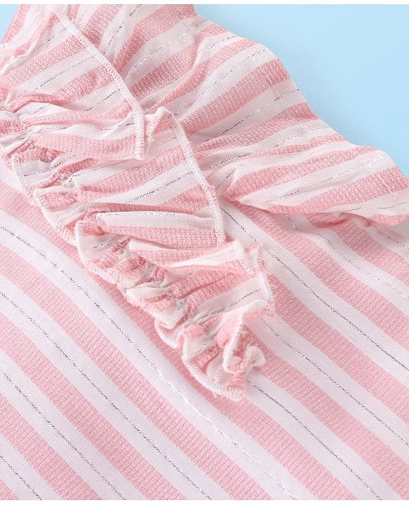 Babyhug Cotton Woven Lurex Sleeveless Striped Top with Frill Detailing - Peach & White