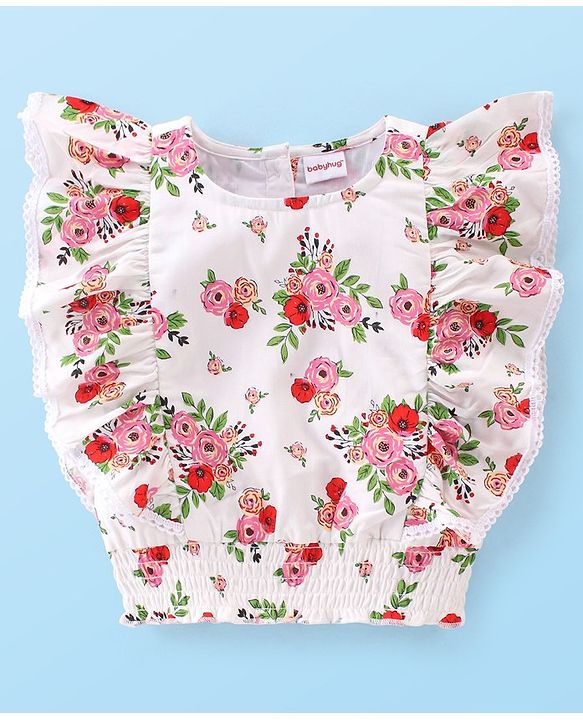 Babyhug Rayon Woven Half Sleeves Flutter Top with Smocking Detailing  Floral Print - White