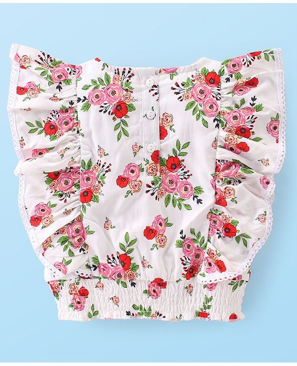 Babyhug Rayon Woven Half Sleeves Flutter Top with Smocking Detailing  Floral Print - White