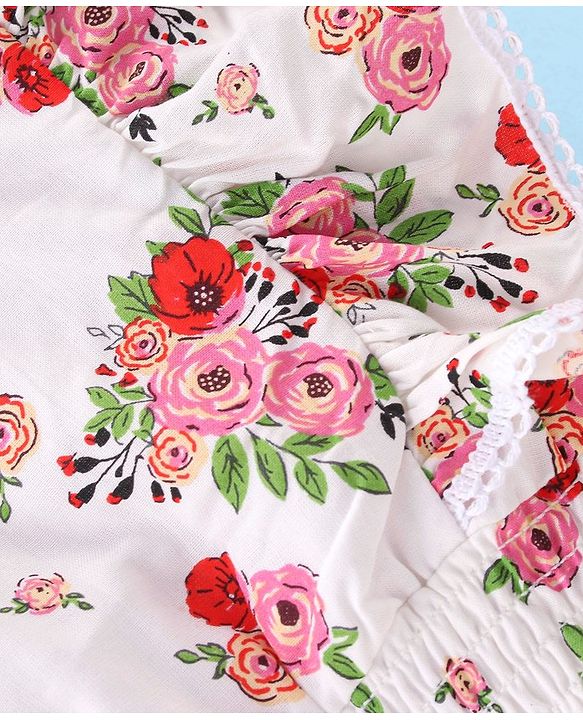 Babyhug Rayon Woven Half Sleeves Flutter Top with Smocking Detailing  Floral Print - White